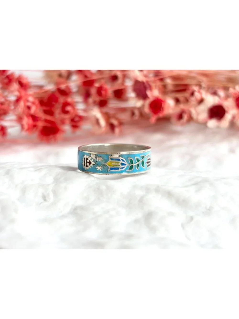Cloissone Enameled Floral Thailand Made Sterling Silver 925 Vintage Ring - sz 7